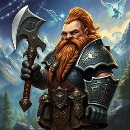 An epic illustration of a dwarf warrior (enano guerrero) set in a fantastical world