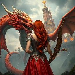 A stunning fantasy scene depicting a red-haired princess seen from behind, her luxurious hair cascading down her back