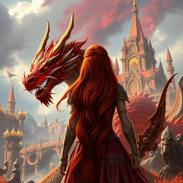 A stunning fantasy scene depicting a red-haired princess seen from behind, her luxurious hair cascading down her back