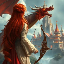 A stunning fantasy scene depicting a red-haired princess seen from behind, her luxurious hair cascading down her back