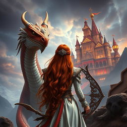 A stunning fantasy scene depicting a red-haired princess seen from behind, her luxurious hair cascading down her back