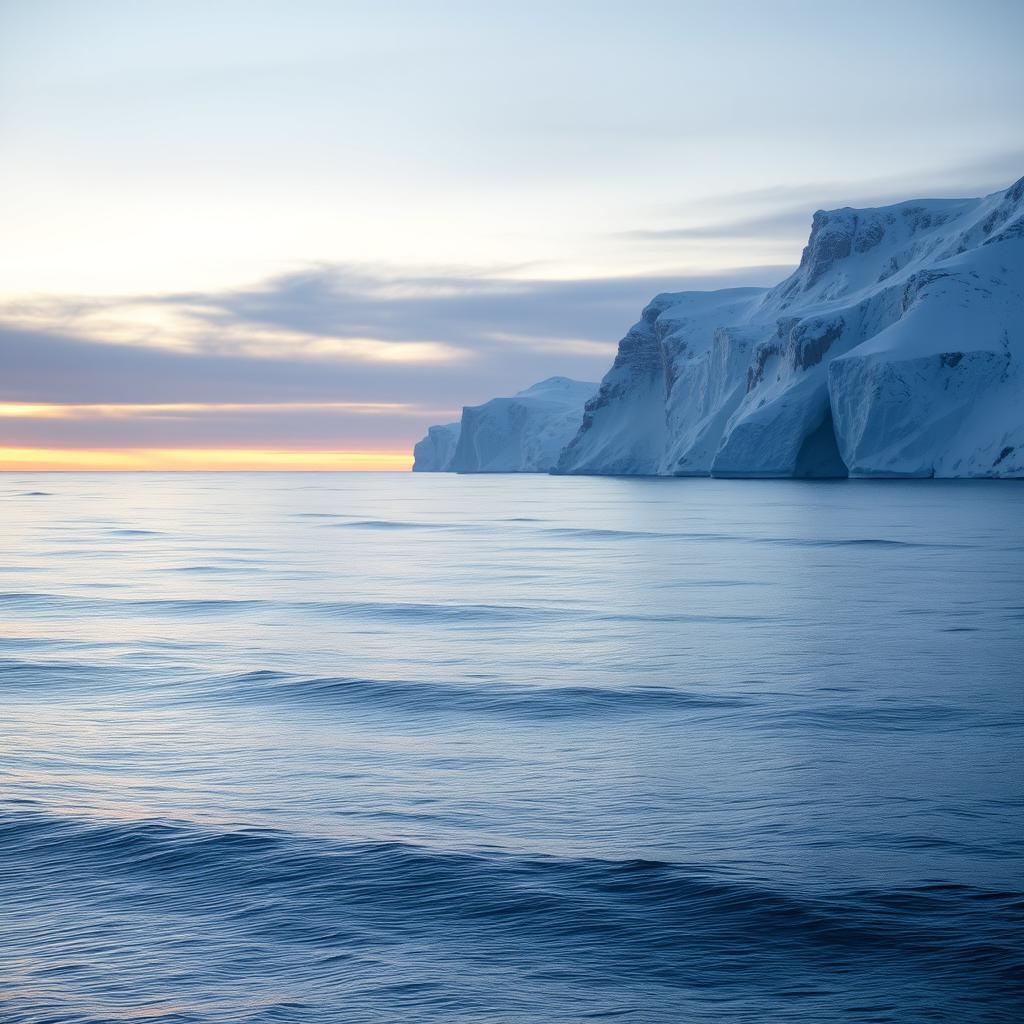 An expansive view of the Barents Sea at sunset, featuring serene waters stretching to the horizon, bordered by majestic snow-covered cliffs