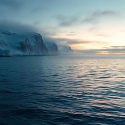 An expansive view of the Barents Sea at sunset, featuring serene waters stretching to the horizon, bordered by majestic snow-covered cliffs