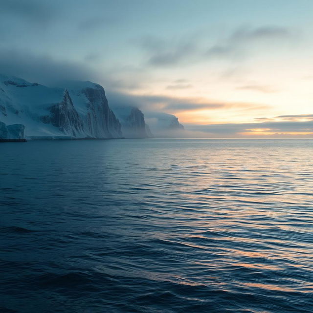 An expansive view of the Barents Sea at sunset, featuring serene waters stretching to the horizon, bordered by majestic snow-covered cliffs