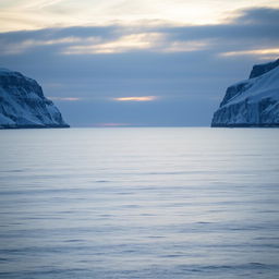 An expansive view of the Barents Sea at sunset, featuring serene waters stretching to the horizon, bordered by majestic snow-covered cliffs