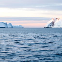 An expansive view of the Barents Sea at sunset, featuring serene waters stretching to the horizon, bordered by majestic snow-covered cliffs