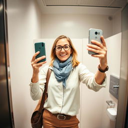 A confident woman in her 40s taking selfies in an airport bathroom stall, exuding adventure and vibrancy