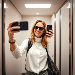 A confident woman in her 40s taking selfies in an airport bathroom stall, exuding adventure and vibrancy