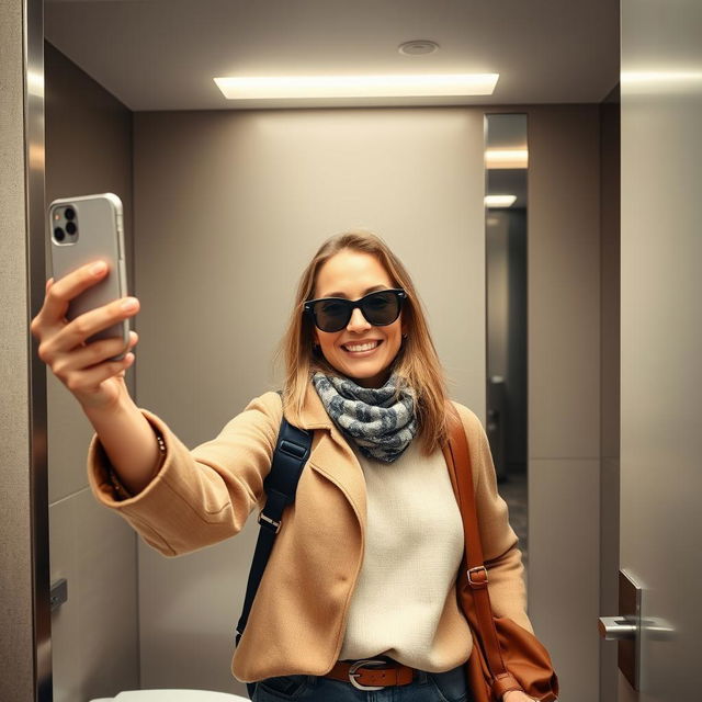 A confident woman in her 40s taking selfies in an airport bathroom stall, exuding adventure and vibrancy