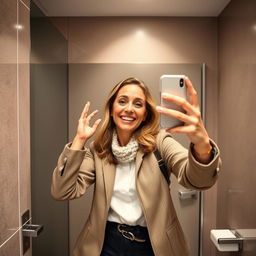 A confident woman in her 40s taking selfies in an airport bathroom stall, exuding adventure and vibrancy