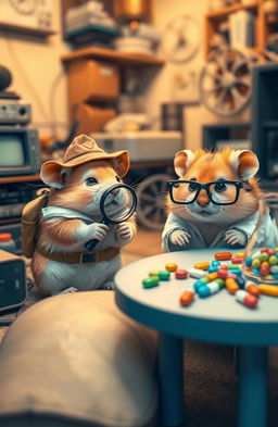 A whimsical scene titled 'Alla ricerca dell’hard disk perduto,' featuring two adorable hamsters dressed as adventurous explorers
