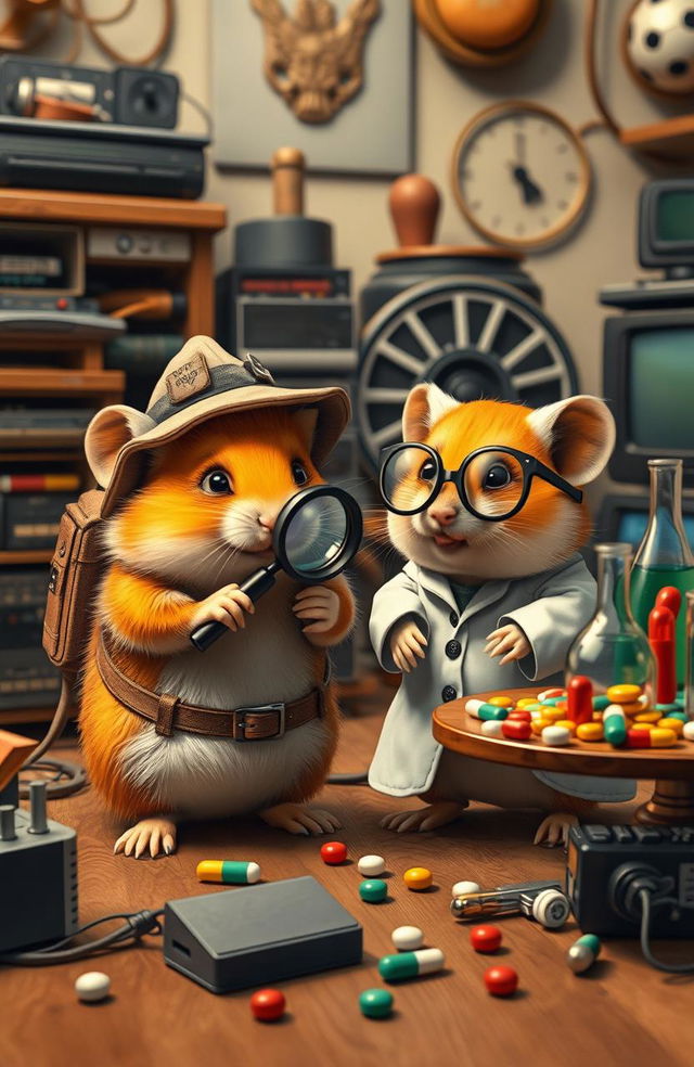 A whimsical scene titled 'Alla ricerca dell’hard disk perduto,' featuring two adorable hamsters dressed as adventurous explorers