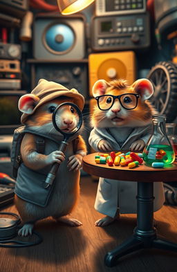 A whimsical scene titled 'Alla ricerca dell’hard disk perduto,' featuring two adorable hamsters dressed as adventurous explorers