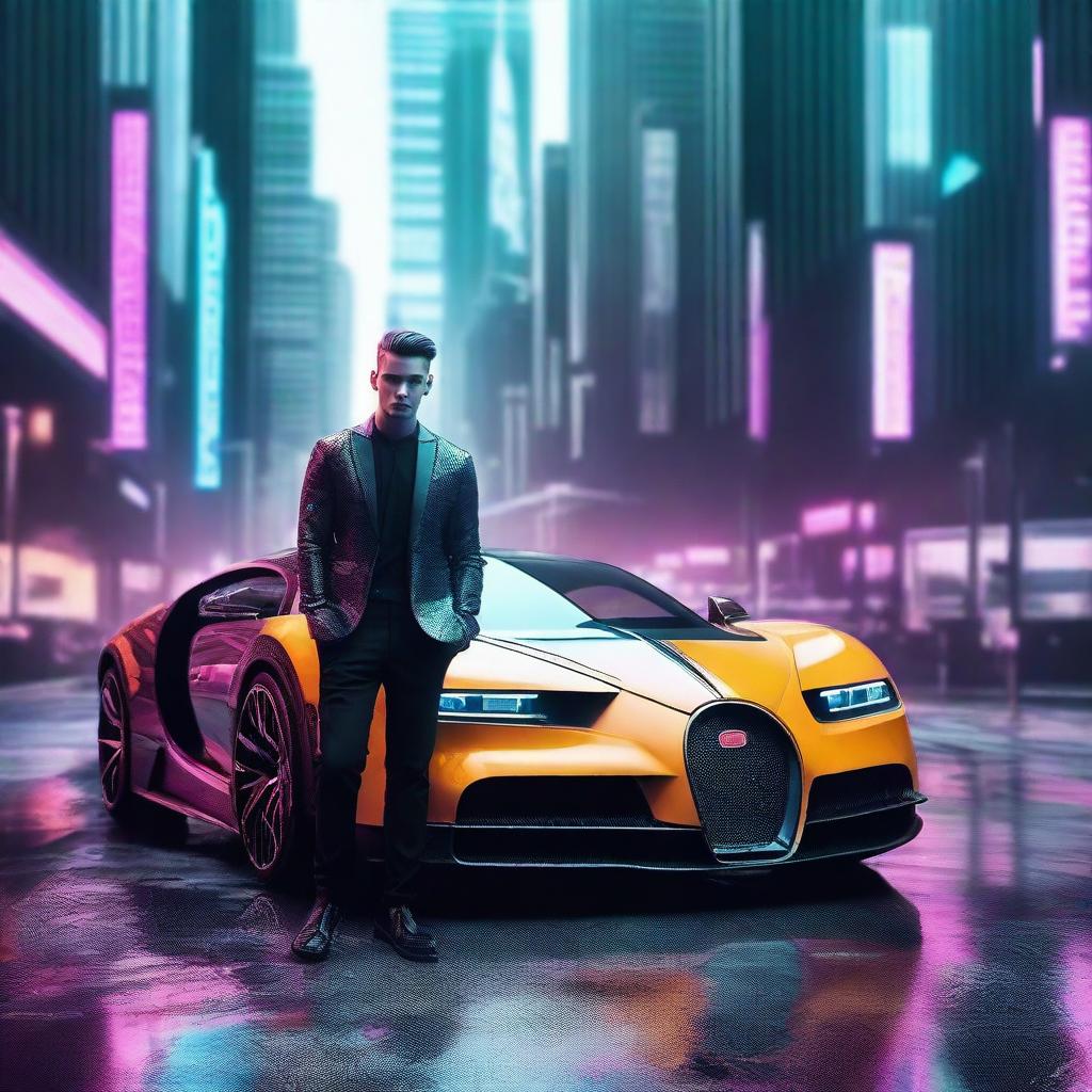 Create a 4k, HD image of a cool, handsome young man with a cyberpunk-inspired Bugatti in a futuristic setting.