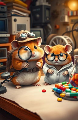 A whimsical scene titled 'Alla ricerca dell’hard disk perduto,' featuring two adorable hamsters dressed as adventurous explorers