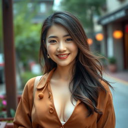 A stunning Chinese woman with large breasts, radiating a simple yet alluring charm