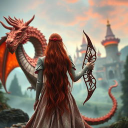 A striking fantasy scene showcasing a red-haired princess viewed from behind, her long hair flowing elegantly down her back