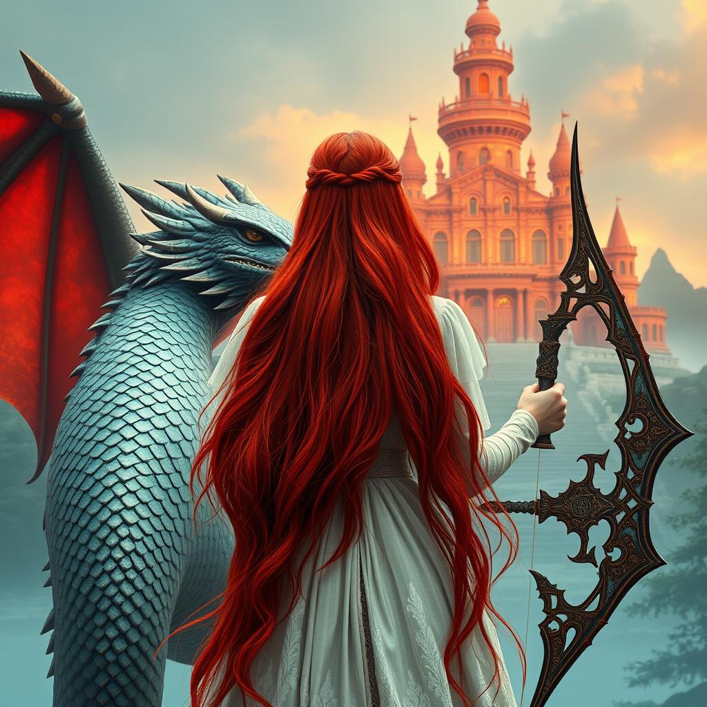 A striking fantasy scene showcasing a red-haired princess viewed from behind, her long hair flowing elegantly down her back