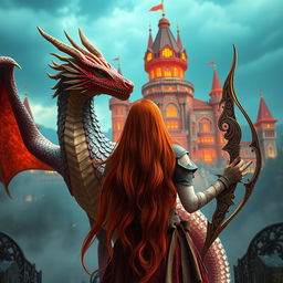 A striking fantasy scene showcasing a red-haired princess viewed from behind, her long hair flowing elegantly down her back