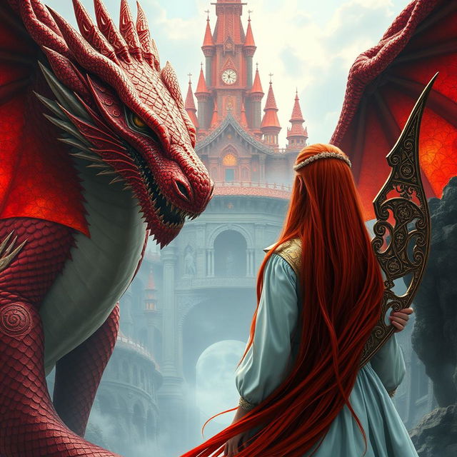 A striking fantasy scene showcasing a red-haired princess viewed from behind, her long hair flowing elegantly down her back