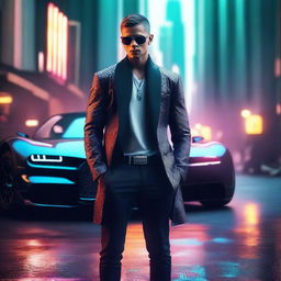 Create a 4k, HD image of a cool, handsome young man with a cyberpunk-inspired Bugatti in a futuristic setting.