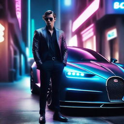 Create a 4k, HD image of a cool, handsome young man with a cyberpunk-inspired Bugatti in a futuristic setting.