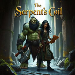 A stunning fantasy book cover featuring a large Orc with a full, dark beard and intricate tribal markings on his green skin, standing alongside a slender human man with long, flowing black hair peeking out from beneath a blurred hood