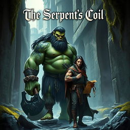 A stunning fantasy book cover featuring a large Orc with a full, dark beard and intricate tribal markings on his green skin, standing alongside a slender human man with long, flowing black hair peeking out from beneath a blurred hood