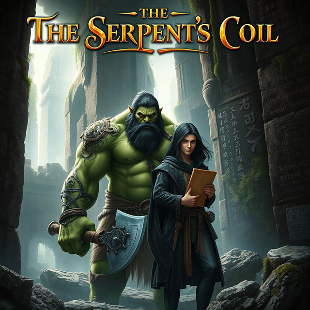 A stunning fantasy book cover featuring a large Orc with a full, dark beard and intricate tribal markings on his green skin, standing alongside a slender human man with long, flowing black hair peeking out from beneath a blurred hood