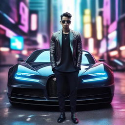 Create a 4k, HD image of a cool, handsome young man with a cyberpunk-inspired Bugatti in a futuristic setting.