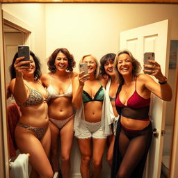 Three vibrant women in their 40s radiate joy and confidence in the cozy atmosphere of a home bathroom