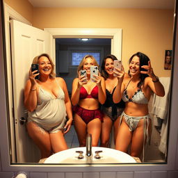 Three vibrant women in their 40s radiate joy and confidence in the cozy atmosphere of a home bathroom