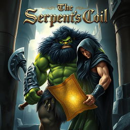 An enchanting fantasy book cover featuring a large Orc with a full, bushy beard, muscular build, and vibrant green skin, standing alongside a slender human man with long, flowing black hair partially hidden beneath a blurred hood
