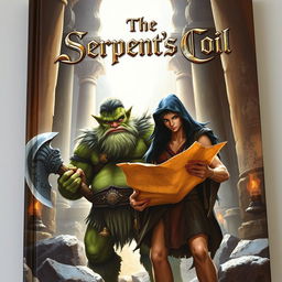 An enchanting fantasy book cover featuring a large Orc with a full, bushy beard, muscular build, and vibrant green skin, standing alongside a slender human man with long, flowing black hair partially hidden beneath a blurred hood