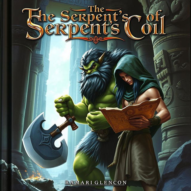 An enchanting fantasy book cover featuring a large Orc with a full, bushy beard, muscular build, and vibrant green skin, standing alongside a slender human man with long, flowing black hair partially hidden beneath a blurred hood