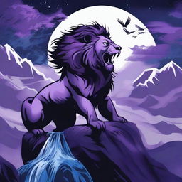 2D image of a roaring lion in tattoo style, perched on a cliff, with black crows, blue fire, mist and a waterfall under a stormy purple night sky with a full moon and gusting wind