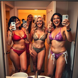 Three joyful women in their 40s radiate confidence in the cozy atmosphere of a home bathroom
