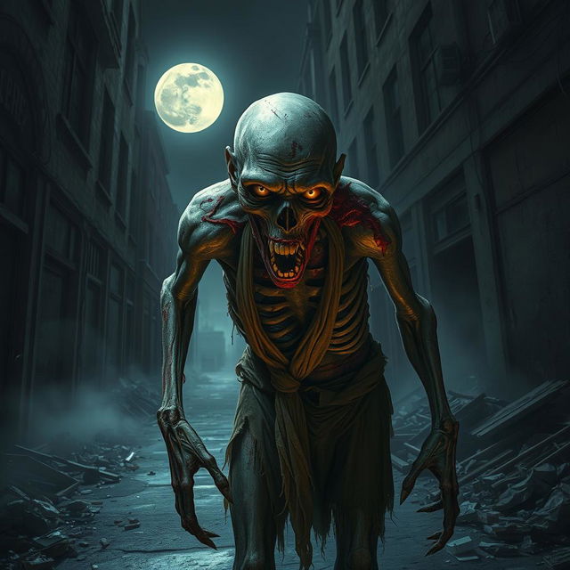 A vivid and terrifying zombie emerging from a dark alleyway in an abandoned city