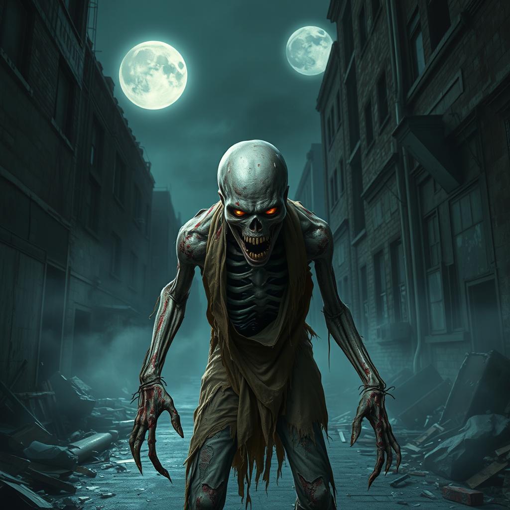 A vivid and terrifying zombie emerging from a dark alleyway in an abandoned city