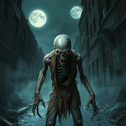 A vivid and terrifying zombie emerging from a dark alleyway in an abandoned city