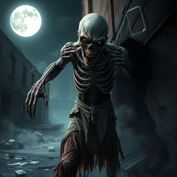 A vivid and terrifying zombie emerging from a dark alleyway in an abandoned city