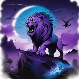 2D image of a roaring lion in tattoo style, perched on a cliff, with black crows, blue fire, mist and a waterfall under a stormy purple night sky with a full moon and gusting wind