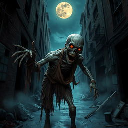 A vivid and terrifying zombie emerging from a dark alleyway in an abandoned city