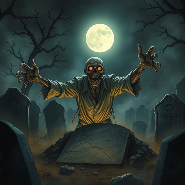 A detailed and eerie illustration of a zombie emerging from a grave, with decaying flesh and glowing eyes