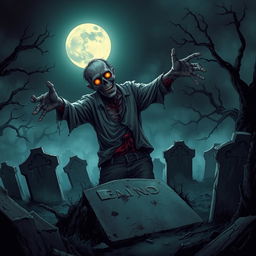 A detailed and eerie illustration of a zombie emerging from a grave, with decaying flesh and glowing eyes