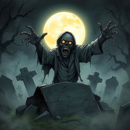 A detailed and eerie illustration of a zombie emerging from a grave, with decaying flesh and glowing eyes