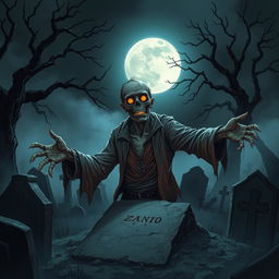 A detailed and eerie illustration of a zombie emerging from a grave, with decaying flesh and glowing eyes