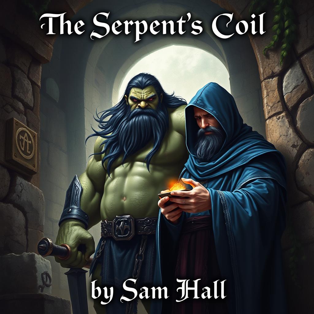 A realistic fantasy book cover depicting a large Orc with flowing black hair and a full, well-groomed beard, standing confidently next to a slender human man who also has sleek black hair and an elegant beard, partially visible beneath a flowing blue hood