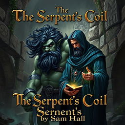 A realistic fantasy book cover depicting a large Orc with flowing black hair and a full, well-groomed beard, standing confidently next to a slender human man who also has sleek black hair and an elegant beard, partially visible beneath a flowing blue hood