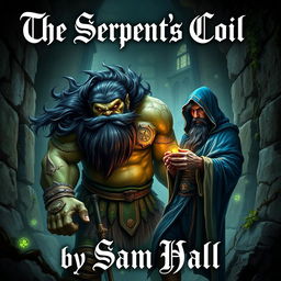 A realistic fantasy book cover depicting a large Orc with flowing black hair and a full, well-groomed beard, standing confidently next to a slender human man who also has sleek black hair and an elegant beard, partially visible beneath a flowing blue hood